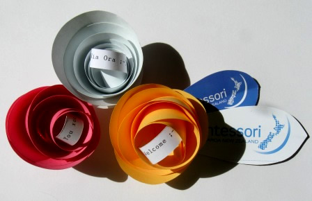 Recycled paper flowers made to decorate the dinner table at the Montessori conference in Tauranga, NZ.